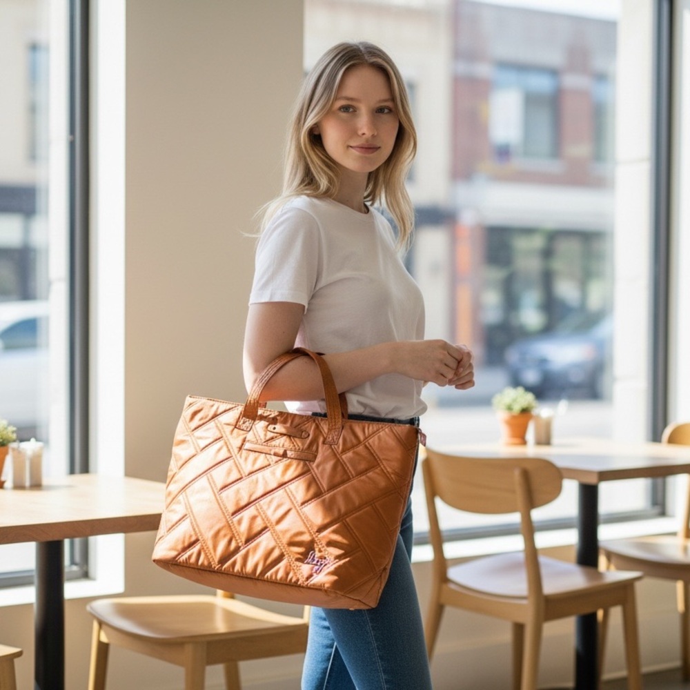 NWOT lug Skyliner Quilted Tote Bag Copper Brown w/Zebra Print Lining Large
